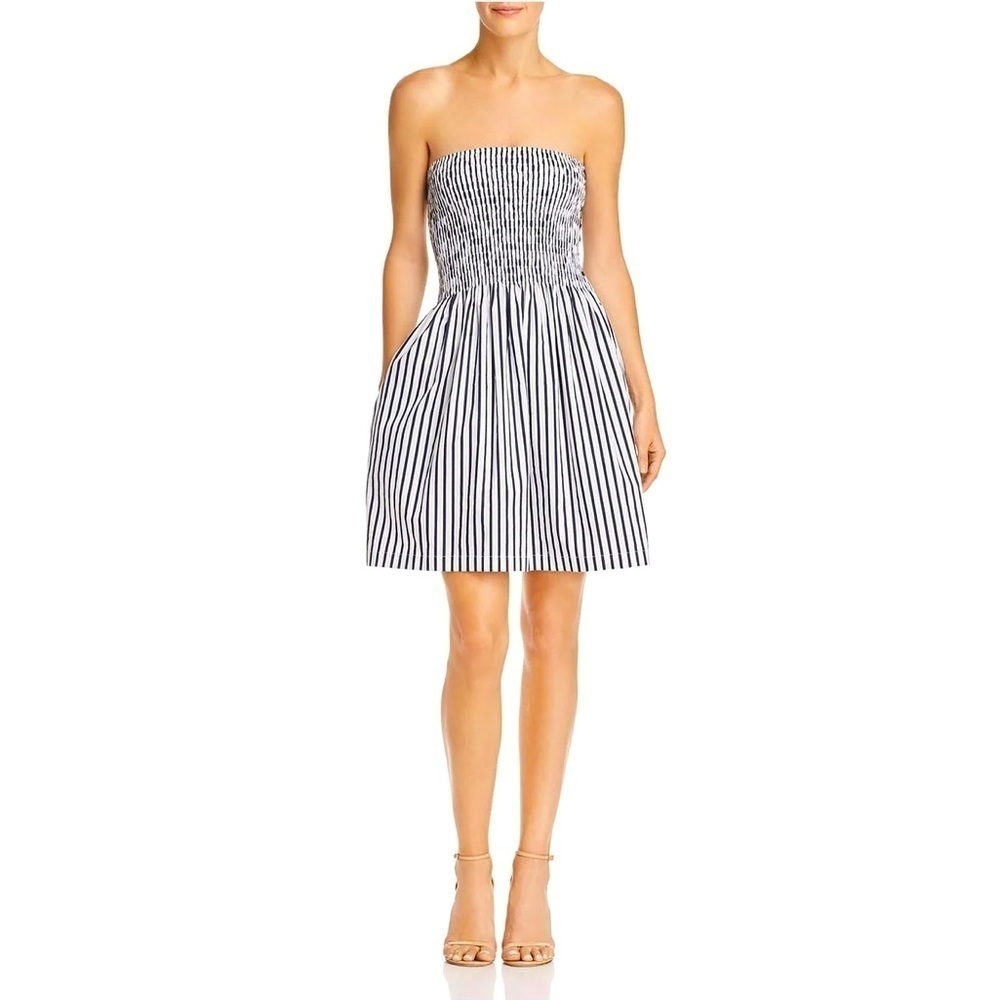 ATM Cotton Poplin Stirped Ruched Dress Navy White S